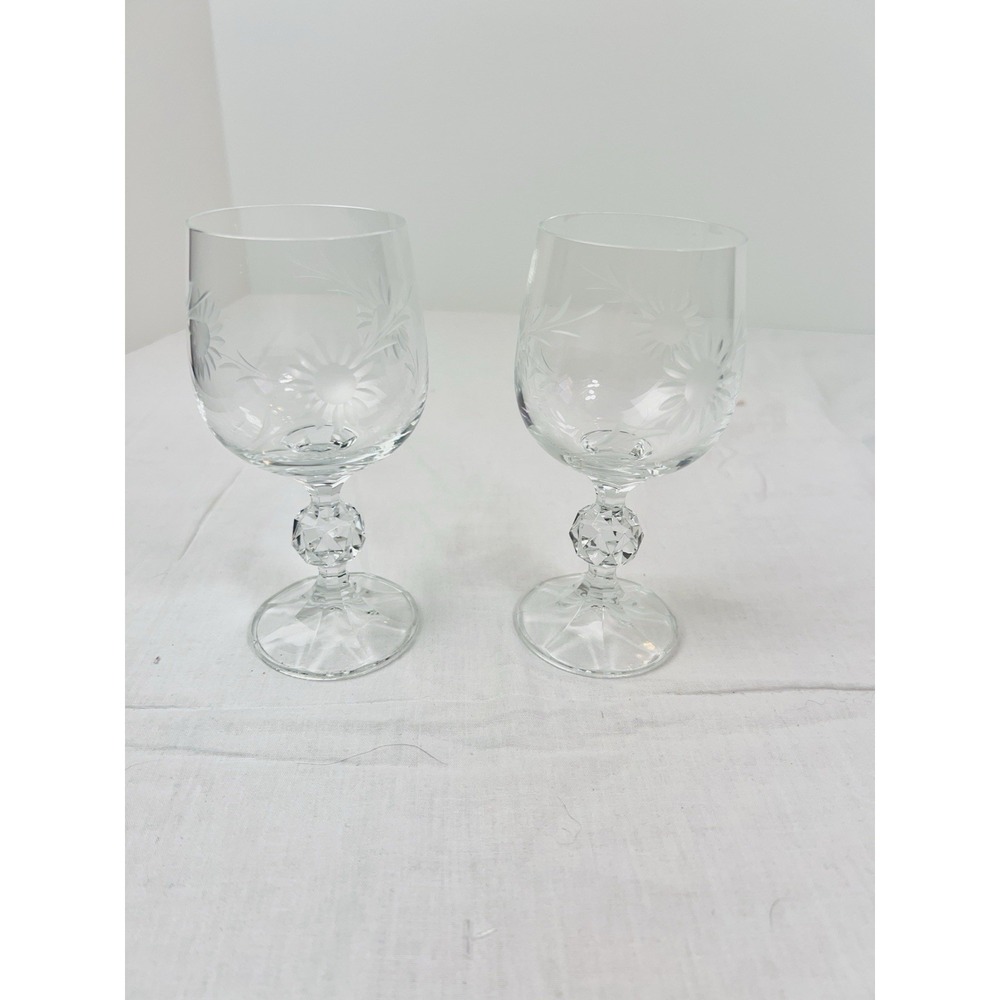 Bohemia Crystal Pair Of Wine Glasses Etched Sunflowers Water Goblets Ball Stem